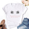 2020 Women T-shirt Eye Lashes Red Lips HEART Print Top Female Tshirt Fashion Casual Sleeve O Neck BASIC White Ladies Clothes