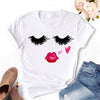 2020 Women T-shirt Eye Lashes Red Lips HEART Print Top Female Tshirt Fashion Casual Sleeve O Neck BASIC White Ladies Clothes