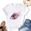 2020 Women T-shirt Eye Lashes Red Lips HEART Print Top Female Tshirt Fashion Casual Sleeve O Neck BASIC White Ladies Clothes