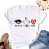 2020 Women T-shirt Eye Lashes Red Lips HEART Print Top Female Tshirt Fashion Casual Sleeve O Neck BASIC White Ladies Clothes