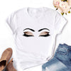 2020 Women T-shirt Eye Lashes Red Lips HEART Print Top Female Tshirt Fashion Casual Sleeve O Neck BASIC White Ladies Clothes